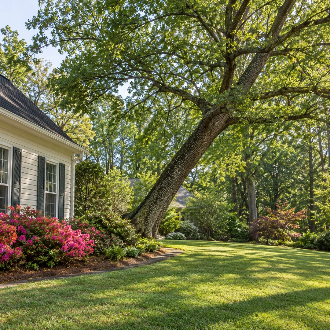 Leaning tree canopy extending above a planted residential garden