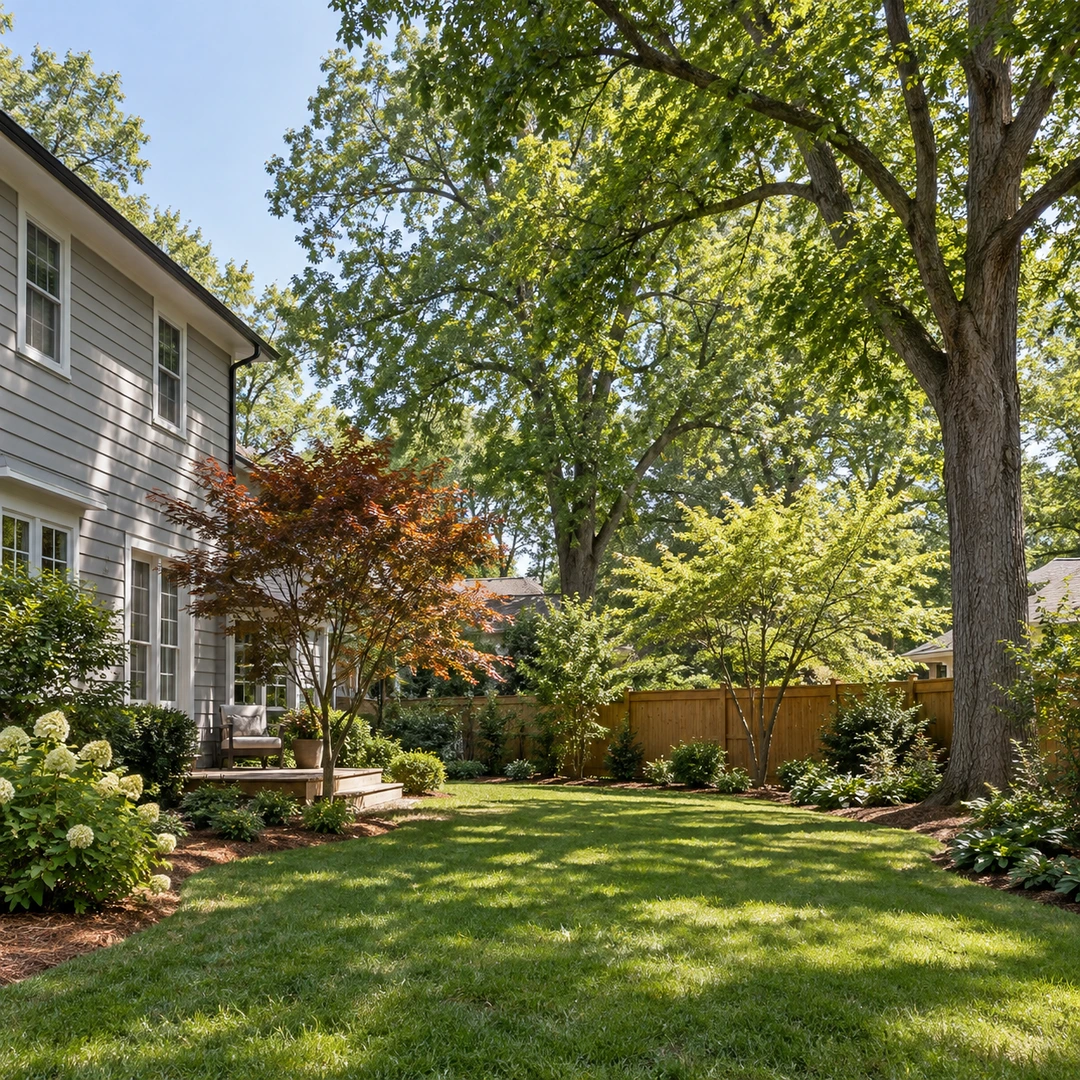 Large shade tree and smaller ornamental tree beside a residential side yard