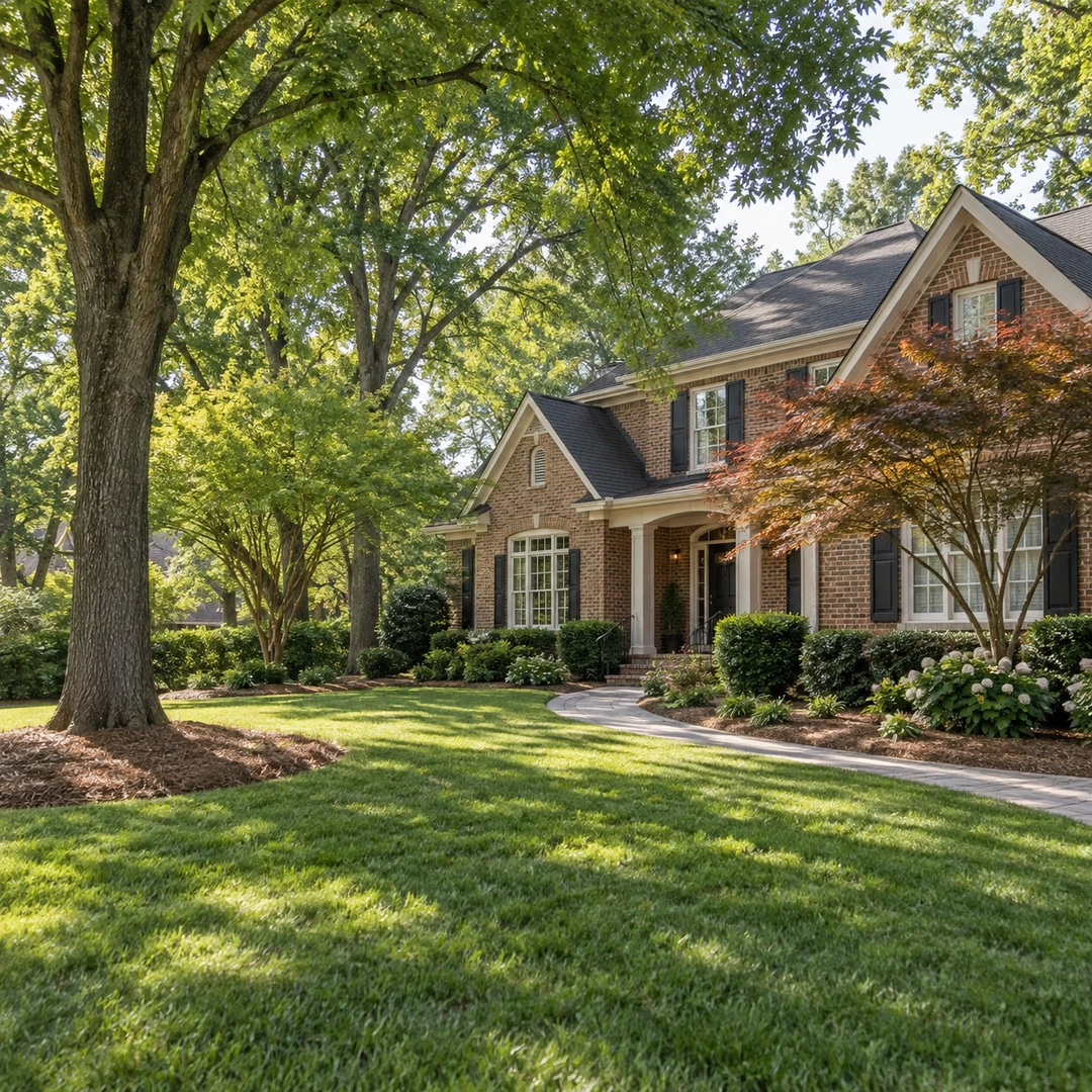 Mature trees and smaller landscape trees beside a brick home and open lawn