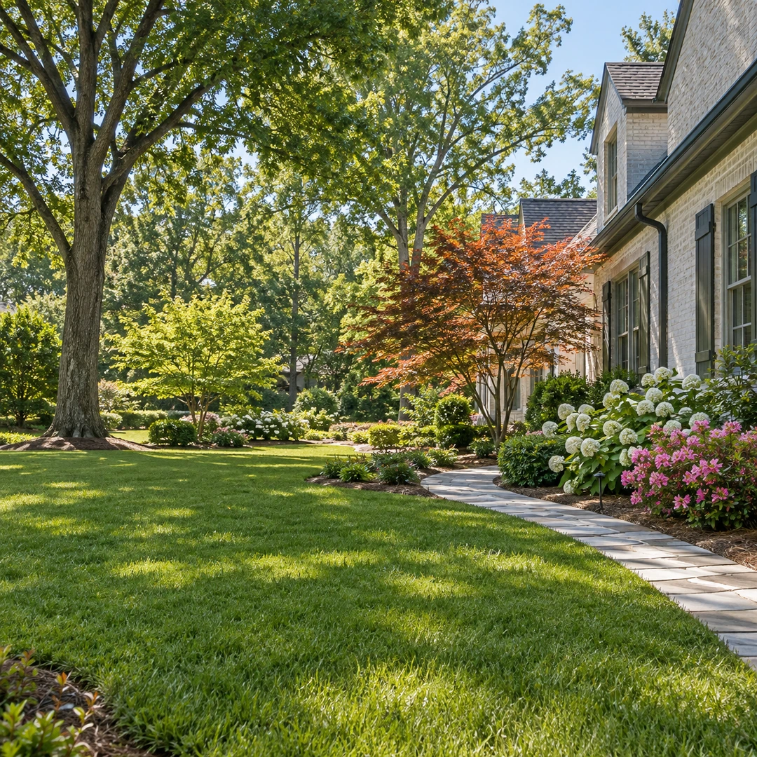 Open residential lawn framed by shade trees and smaller ornamental planting