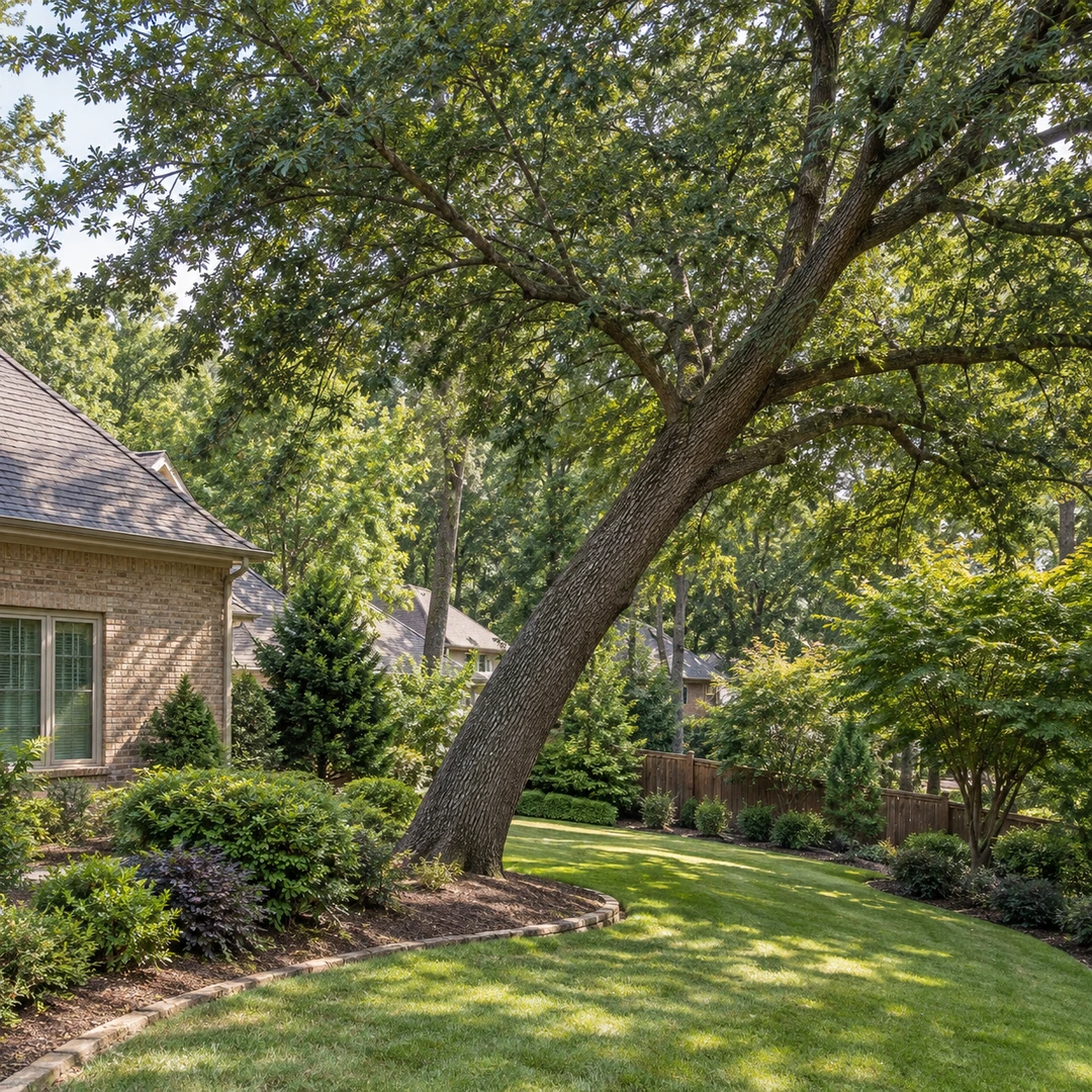 Angled mature tree beside a brick home and garden border