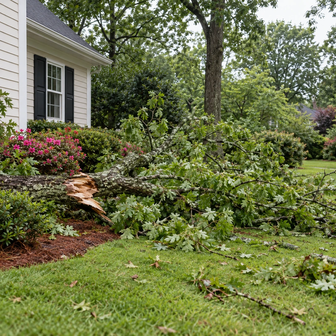Storm fallen trunk and scattered branches beside a residential side yard