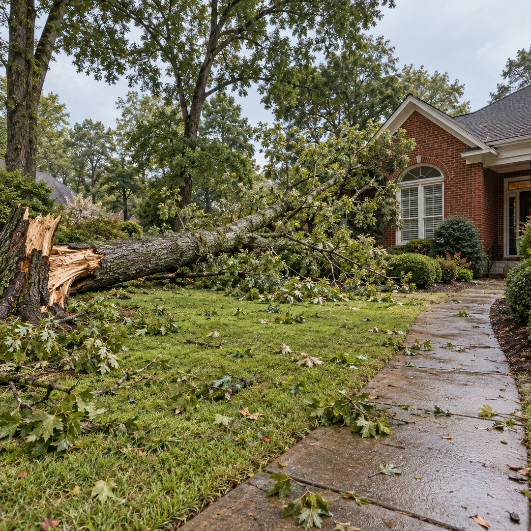 Storm fallen trunk and leafy branches on a damp residential lawn
