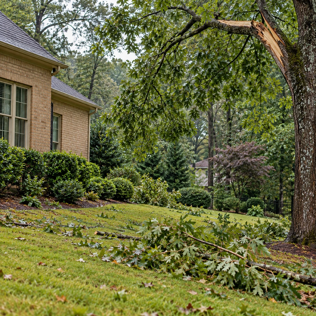 Split hanging branch and storm debris beneath a mature tree