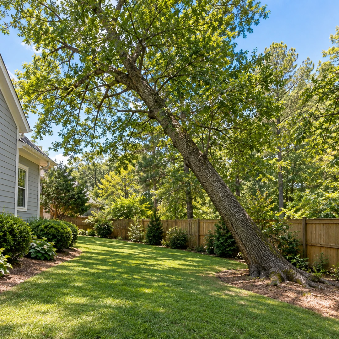 Leaning shade tree beside a residential lawn and house