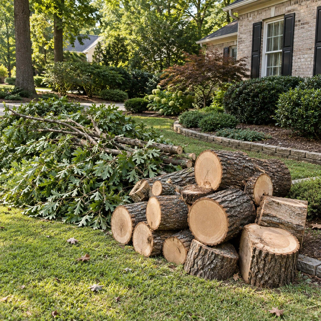 Cut trunk rounds and leafy branches grouped on a residential lawn