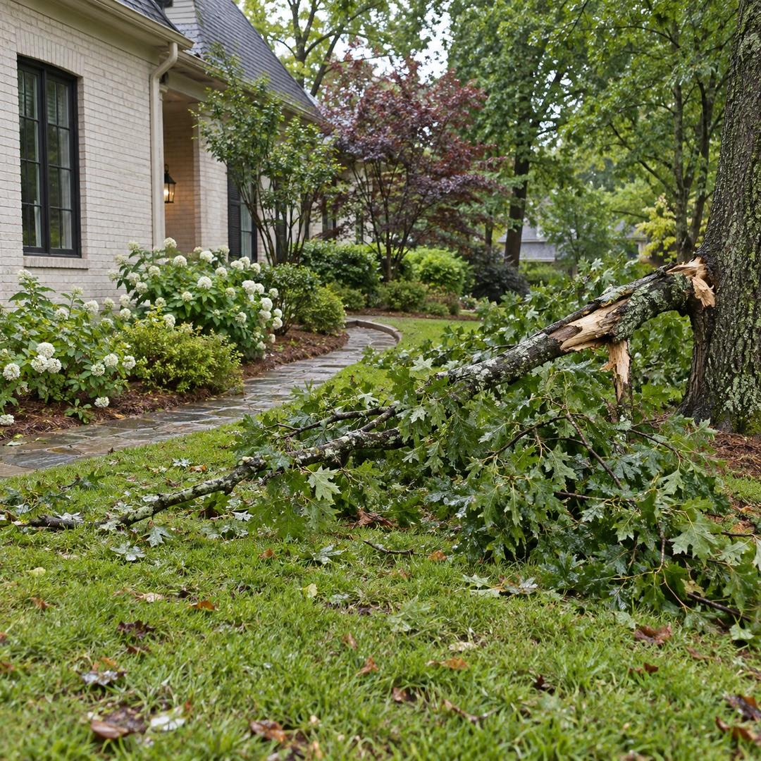 Broken storm damaged branch resting across a residential garden path