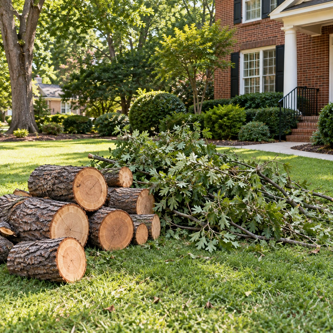 Cut logs and leafy branches grouped beside a brick home lawn