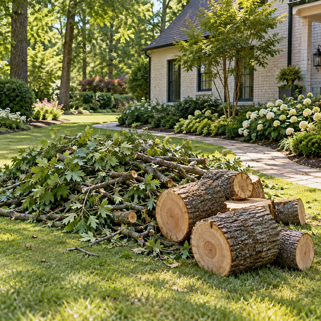 Trunk rounds and cut branches grouped near a residential garden walkway