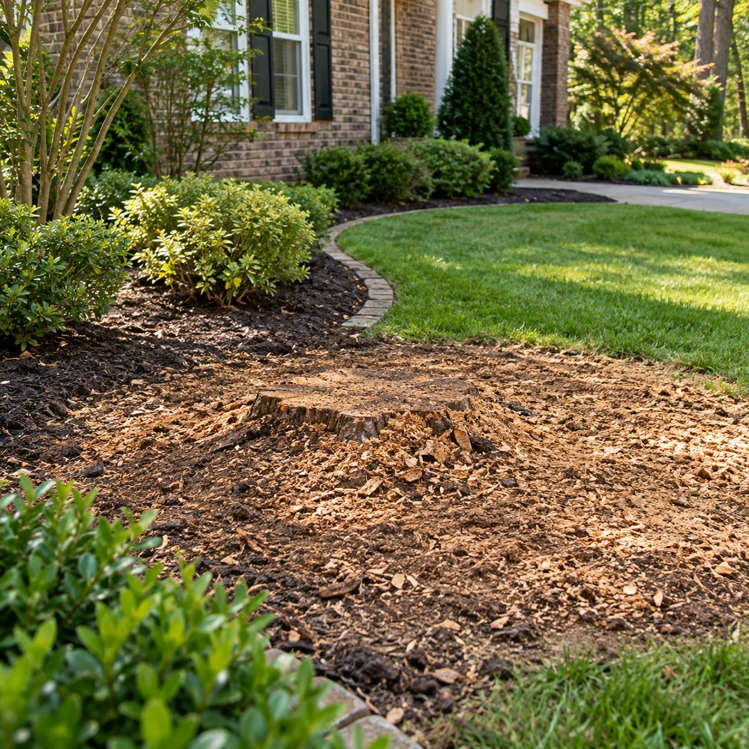 Low stump surrounded by wood chips near curved lawn edging