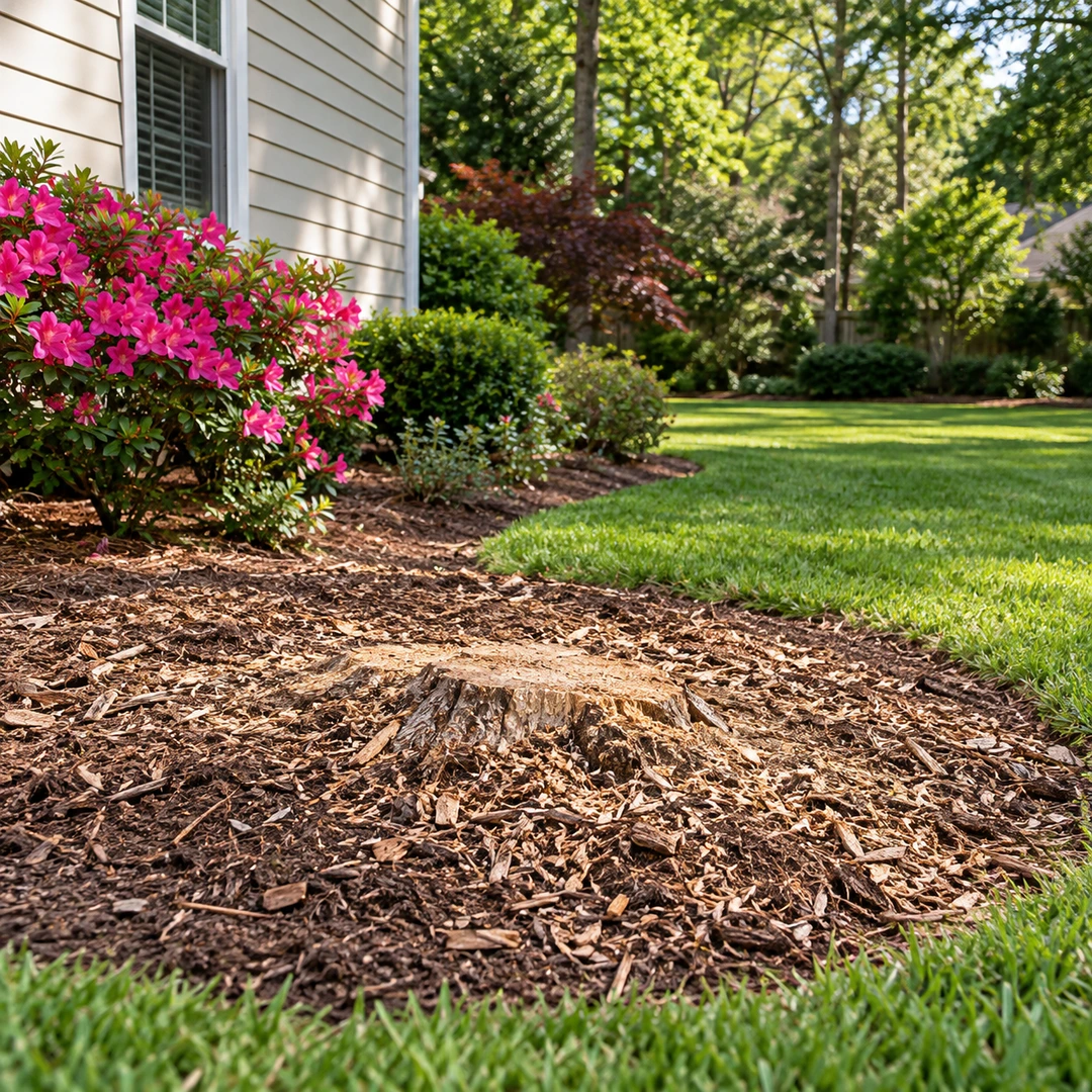 Low stump and wood chips beside a residential garden bed