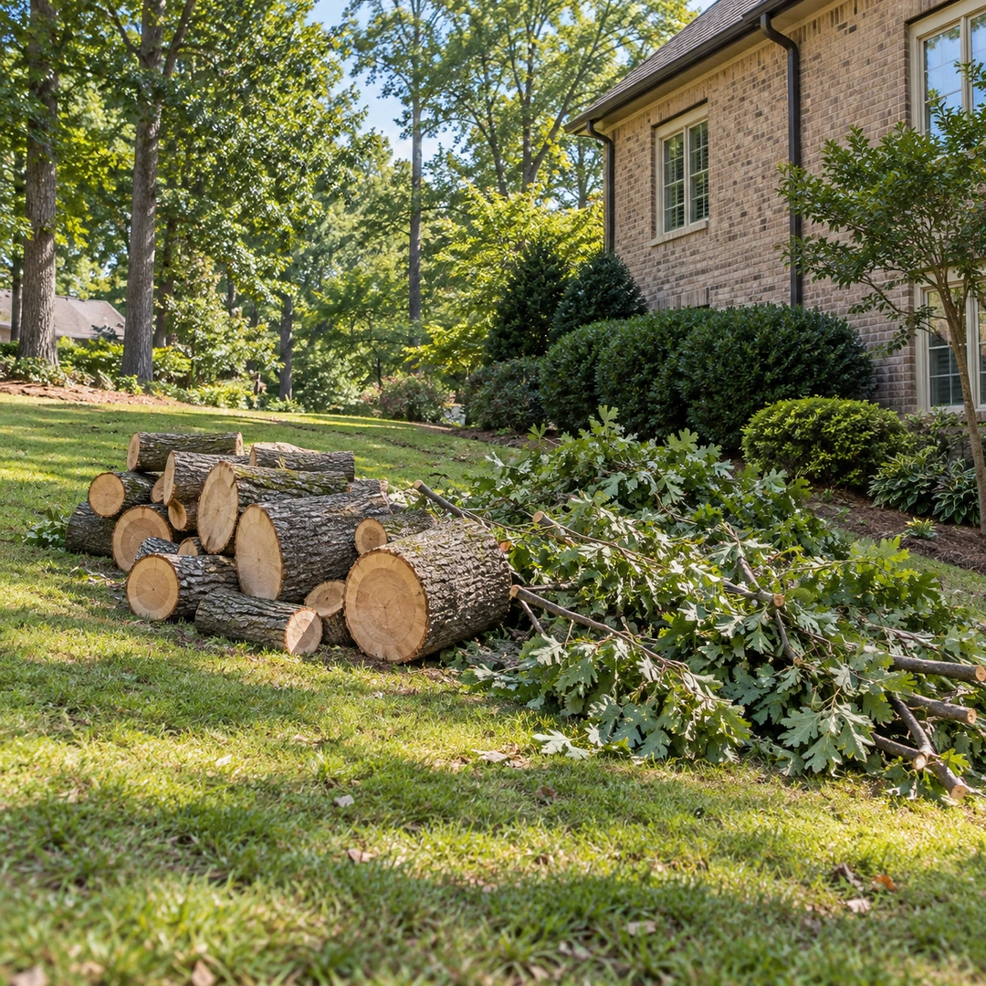 Separated logs and leafy limbs awaiting haul away on a residential lawn