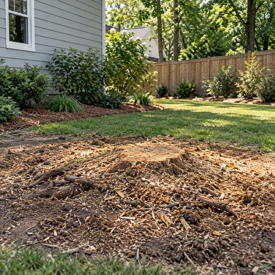 Stump remnants and surface roots beside a residential side yard