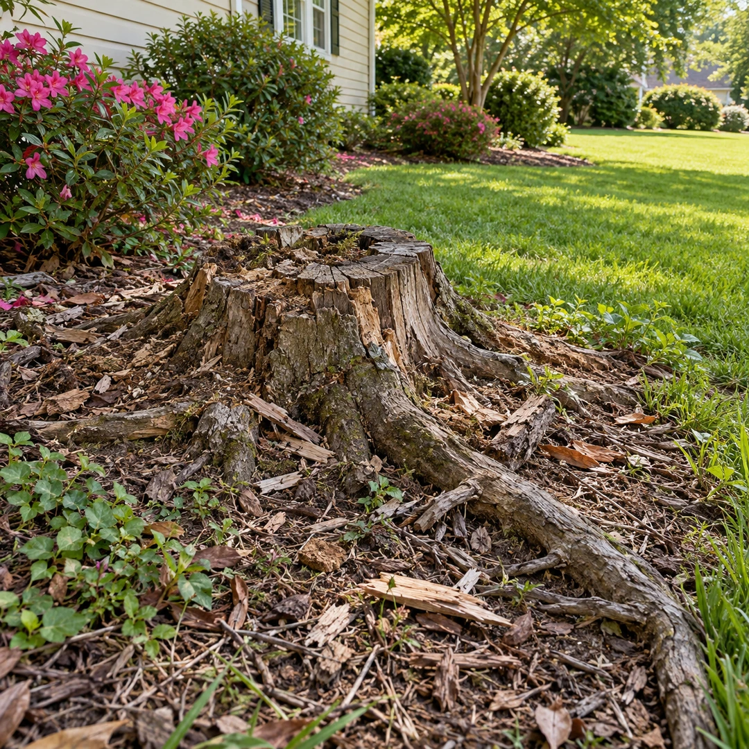 Weathered stump beside azalea planting and lawn edging