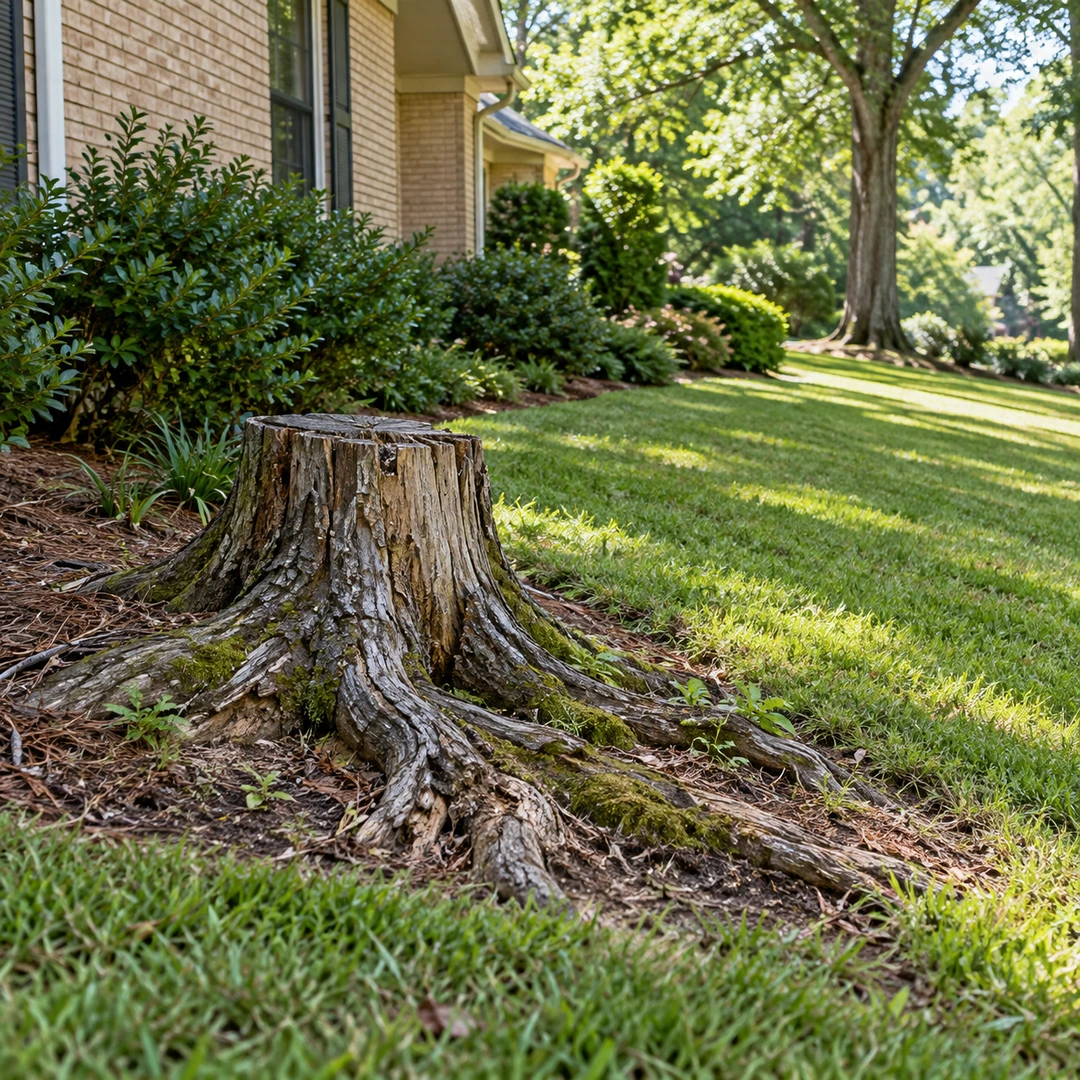 Old stump and surface roots beside a brick home and lawn