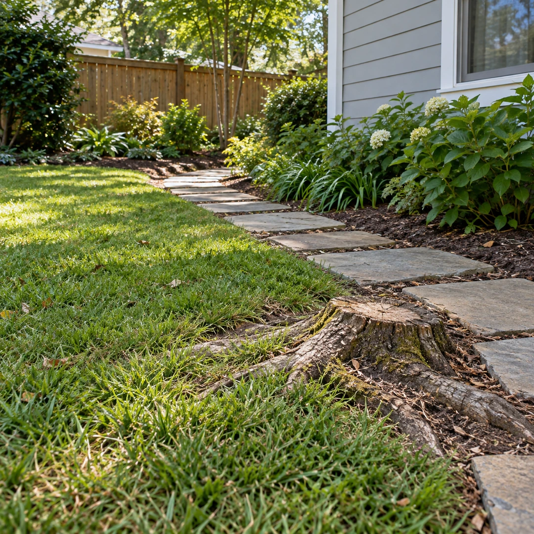 Low stump and raised roots interrupting the lawn beside a garden path
