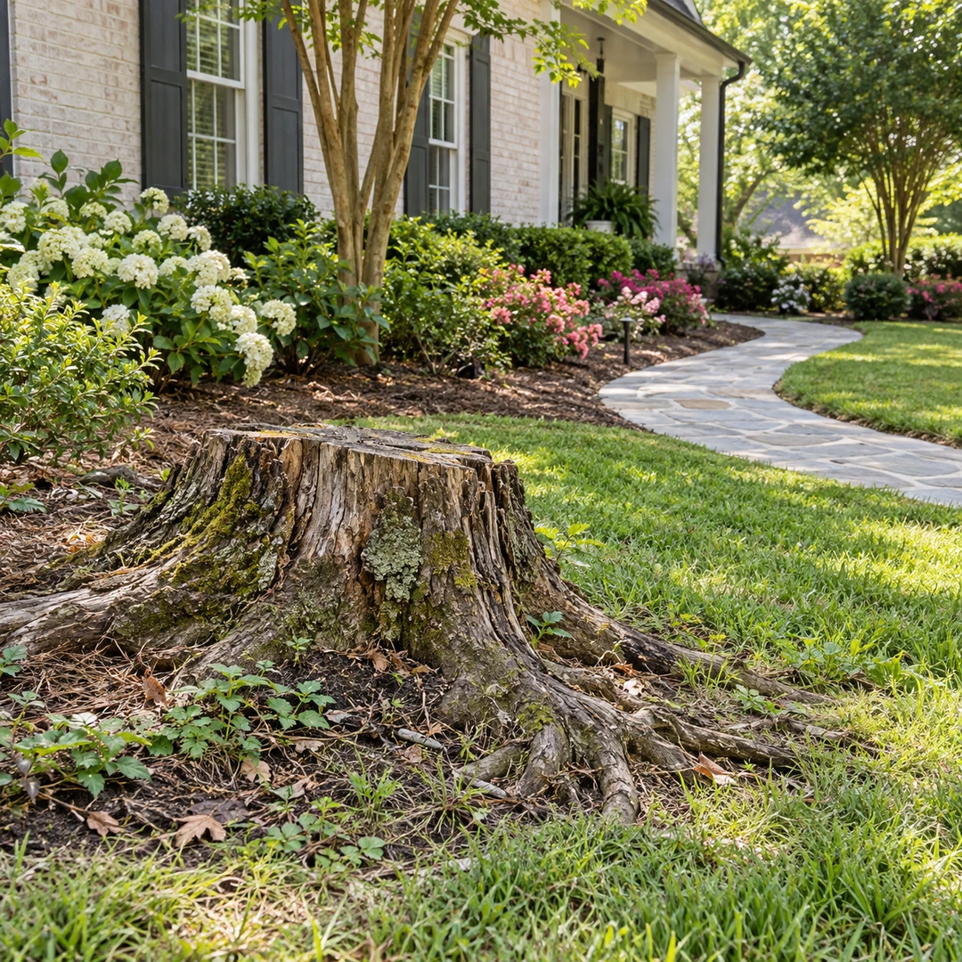 Weathered old stump with moss and exposed roots beside a garden path
