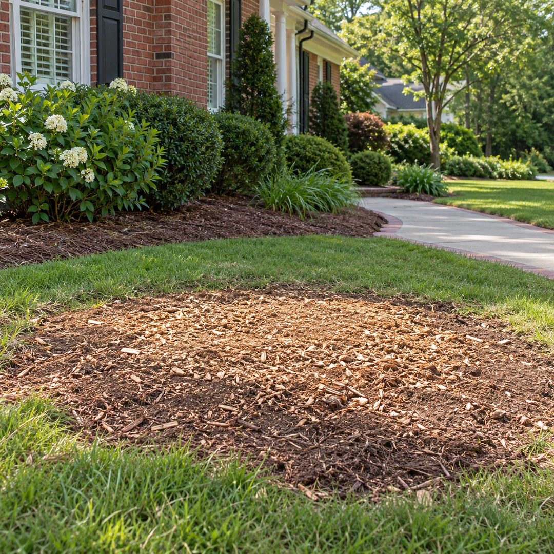 Level wood chip patch beside a residential walkway after stump work
