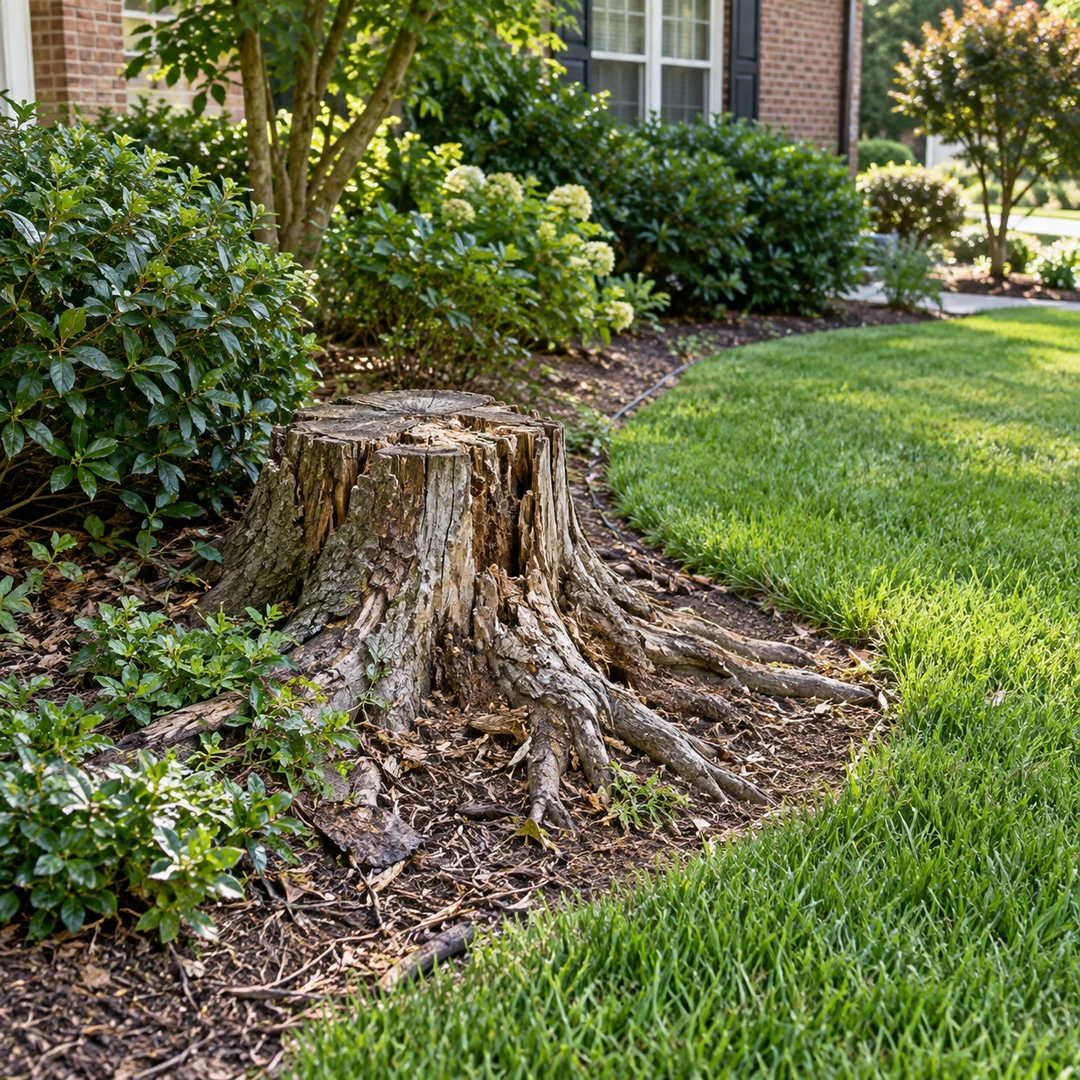 Old stump roots spreading through a residential garden border