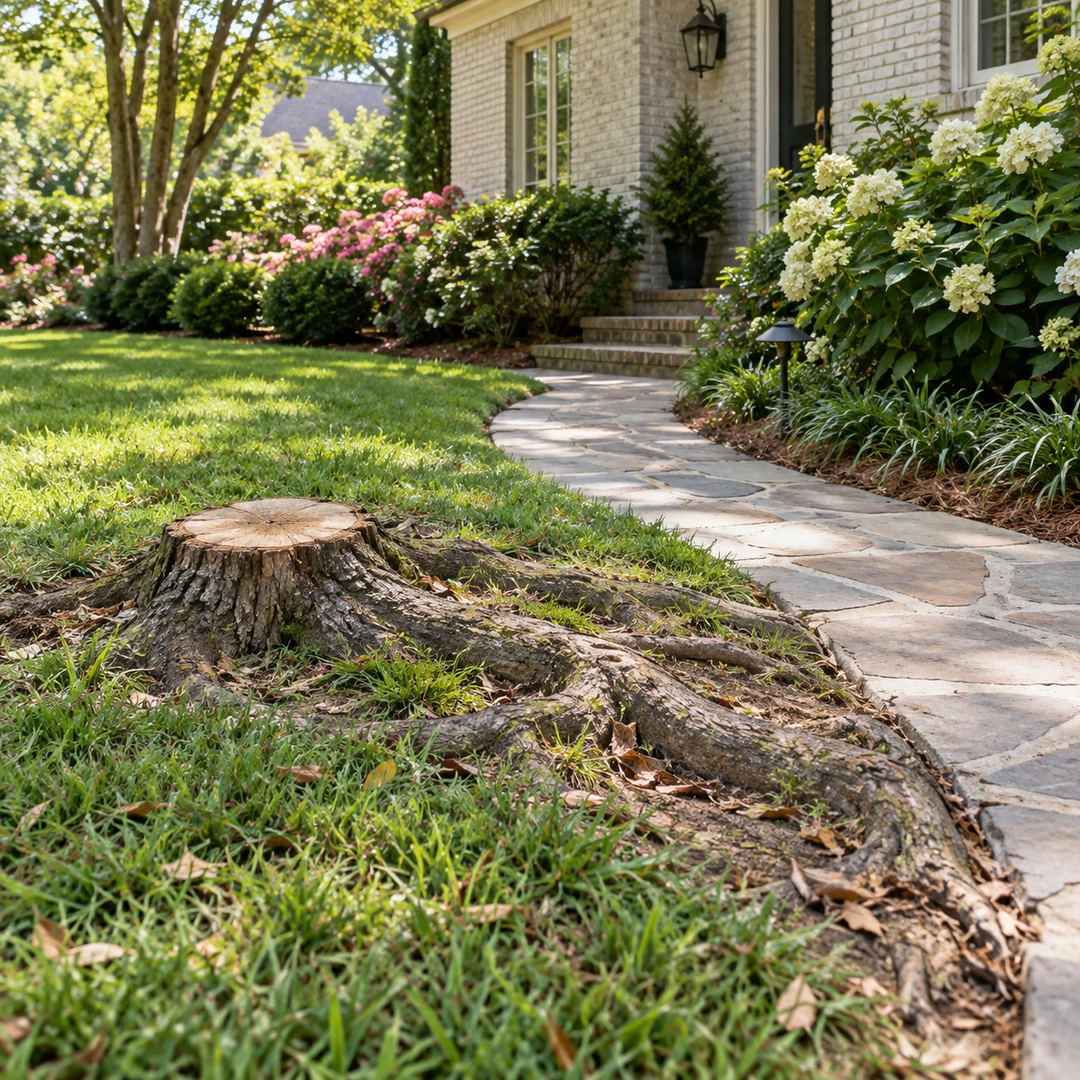 Low stump and raised roots beside a curved residential walkway