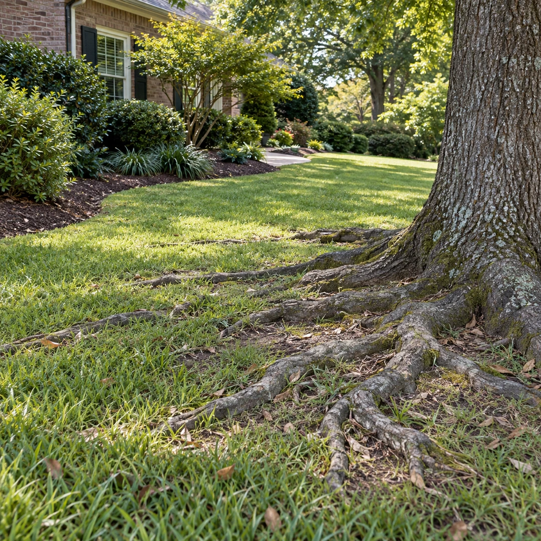 Exposed surface roots crossing a lawn beside a mature tree