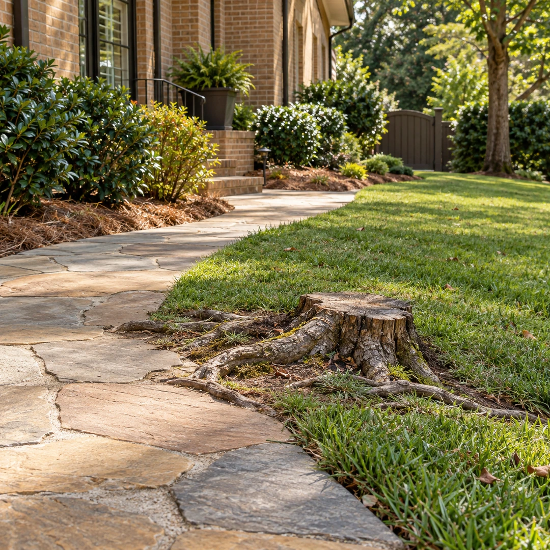 Stump roots spreading toward a stone residential garden path