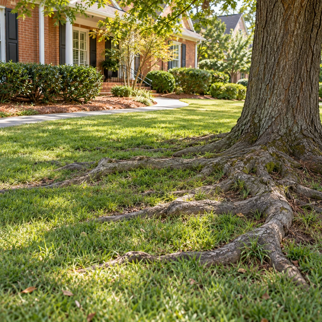Raised tree roots beside a brick home lawn and planted border