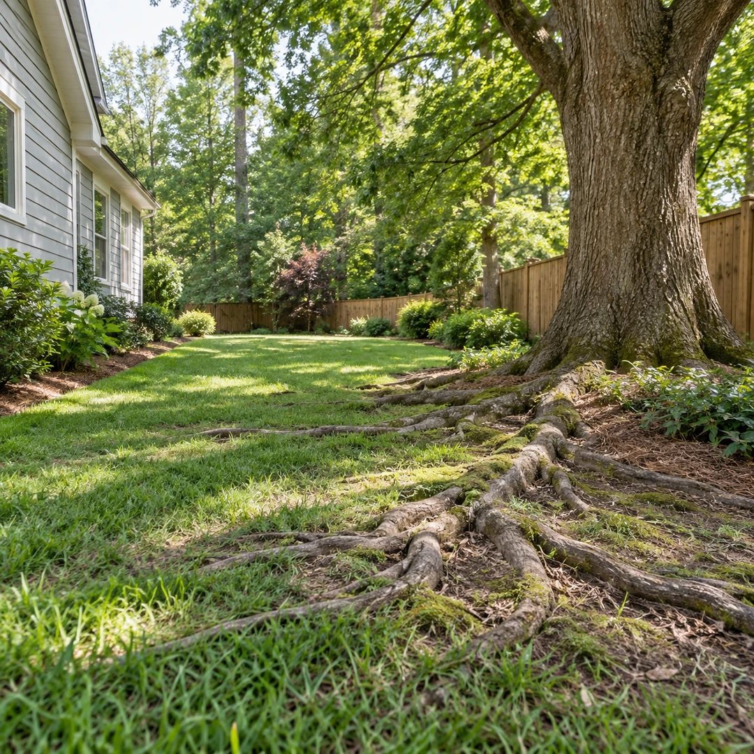 Natural roots extending across a residential side yard lawn