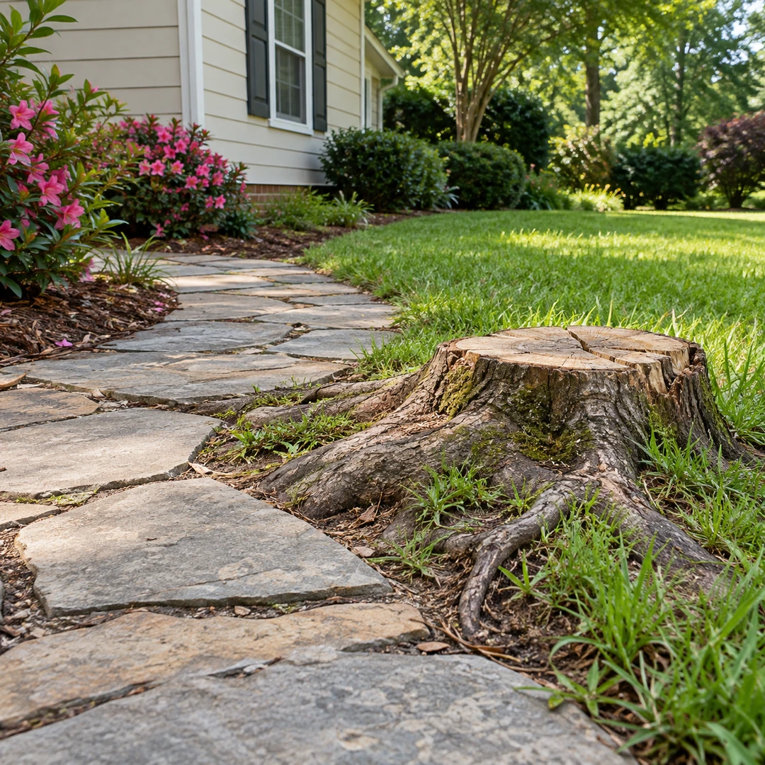 Raised stump roots alongside uneven stone path edging