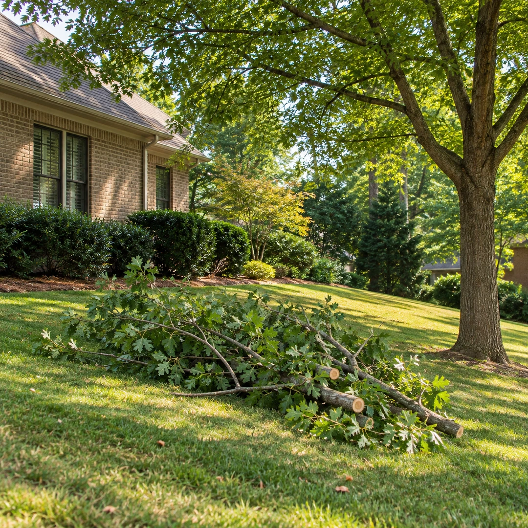 Cut leafy limbs grouped beneath a healthy tree beside a lawn