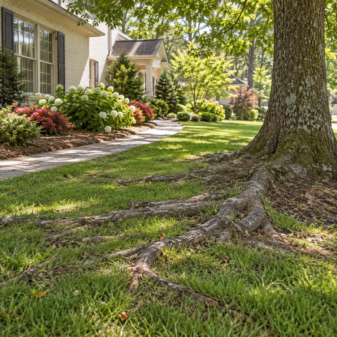 Surface roots beside a mature tree and curved garden walkway
