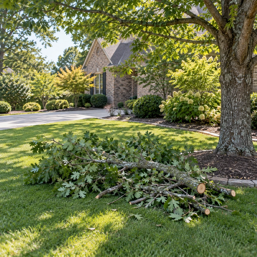 Cut limbs grouped on grass beneath a retained mature tree