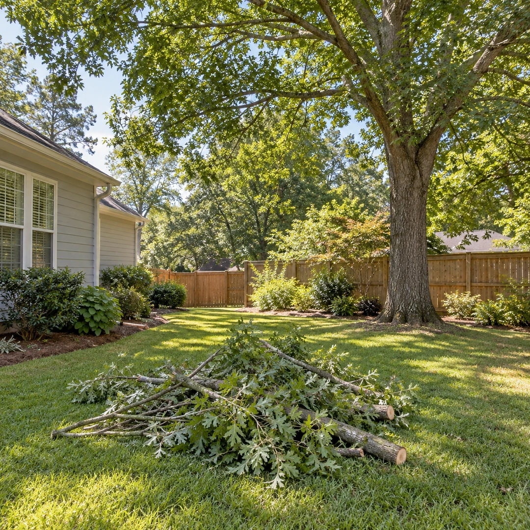 Small removed limbs and leafy branches beside a residential side yard