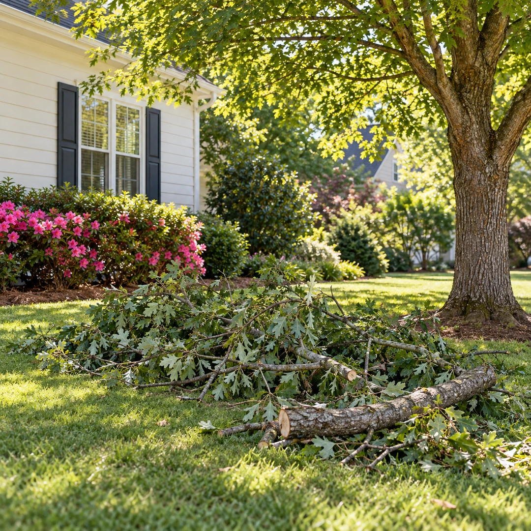 Removed branches and cut limbs beside a residential garden bed