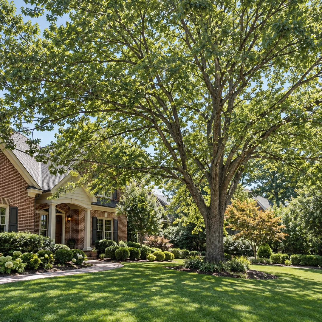 Full healthy tree canopy above a residential lawn and house