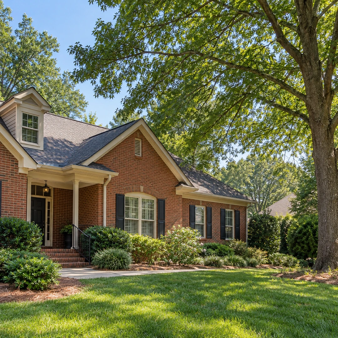 Mature tree canopy beside a brick home with visible roof clearance