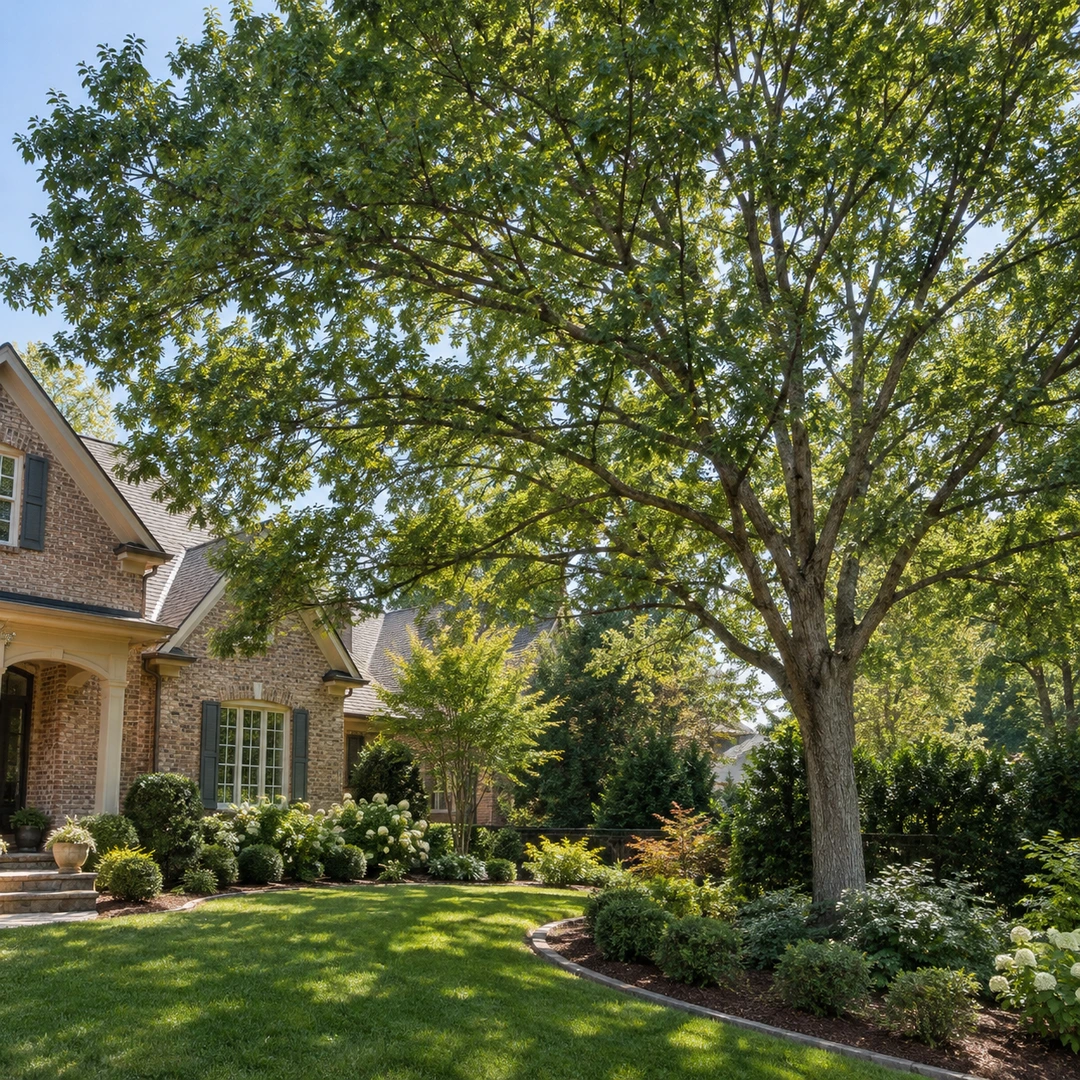Broad healthy canopy over a residential garden and lawn edge