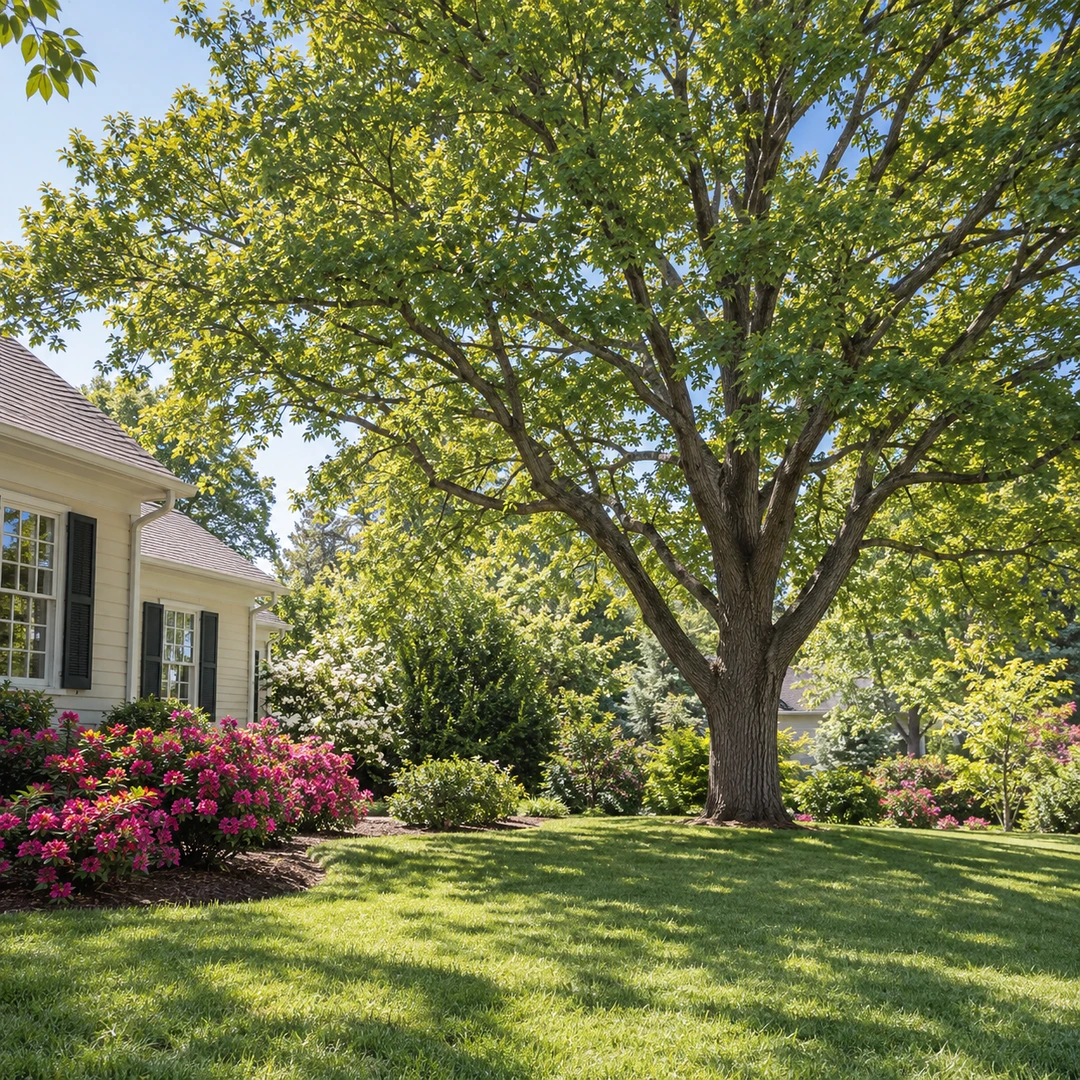 Balanced shade tree canopy above a planted residential lawn