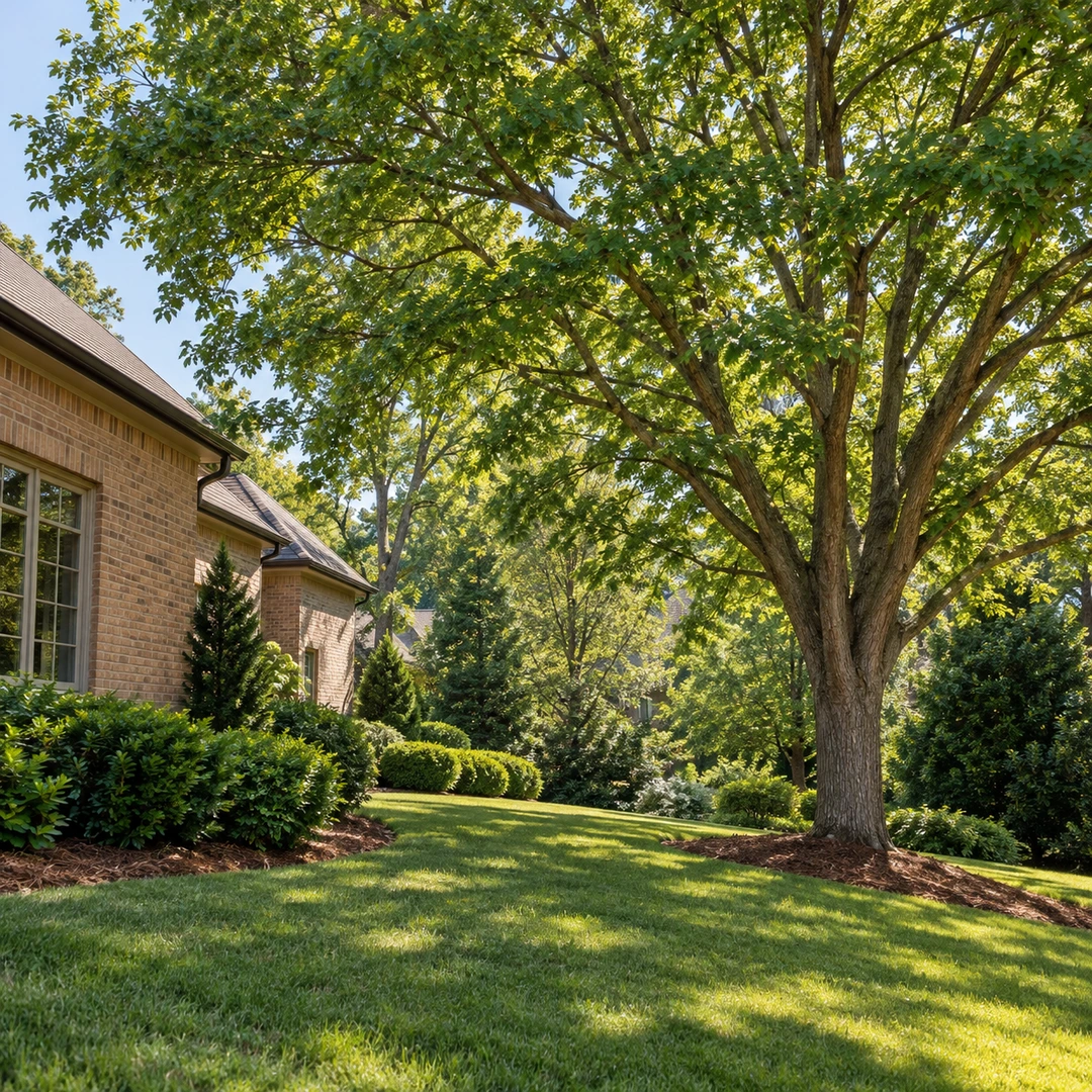 Healthy full tree canopy beside a brick home and open lawn