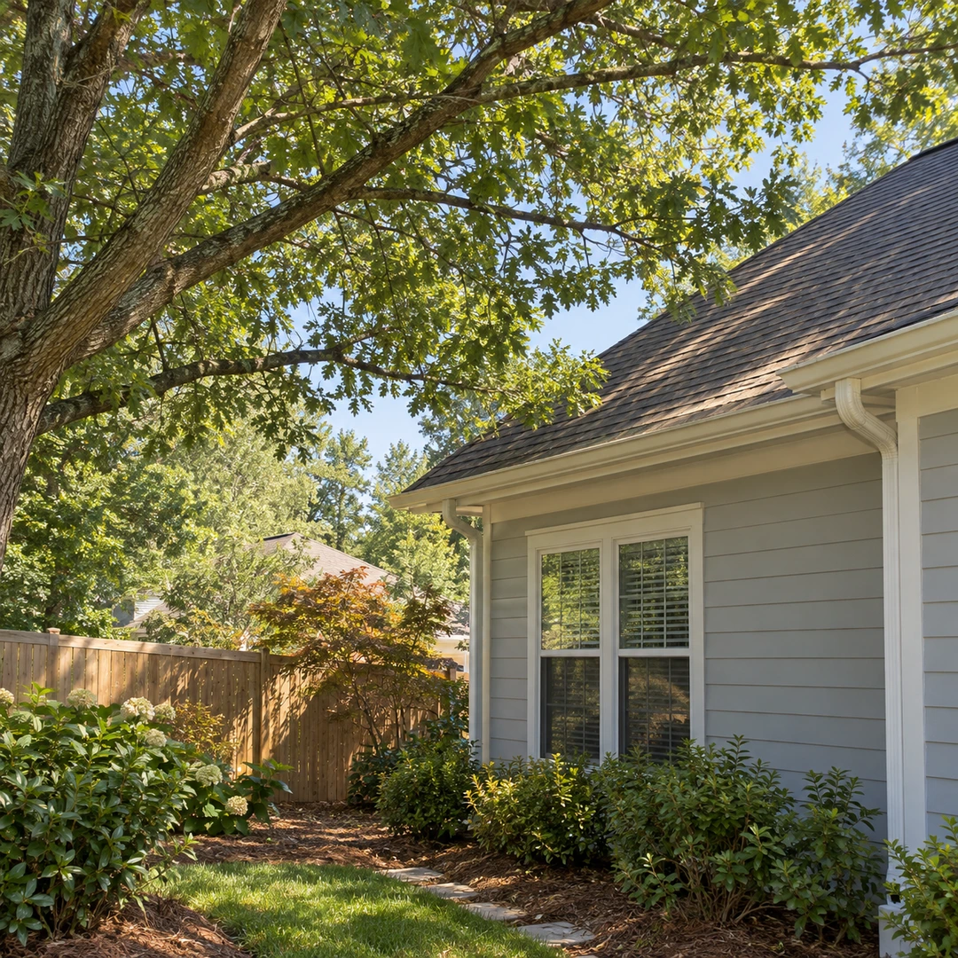 Tree branches approaching a roofline beside a residential side yard