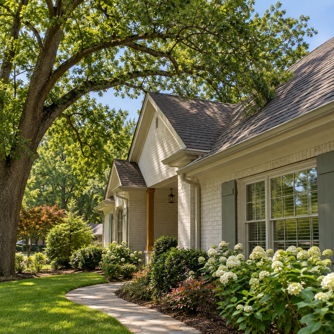 Tree branches above a house and curved residential garden path