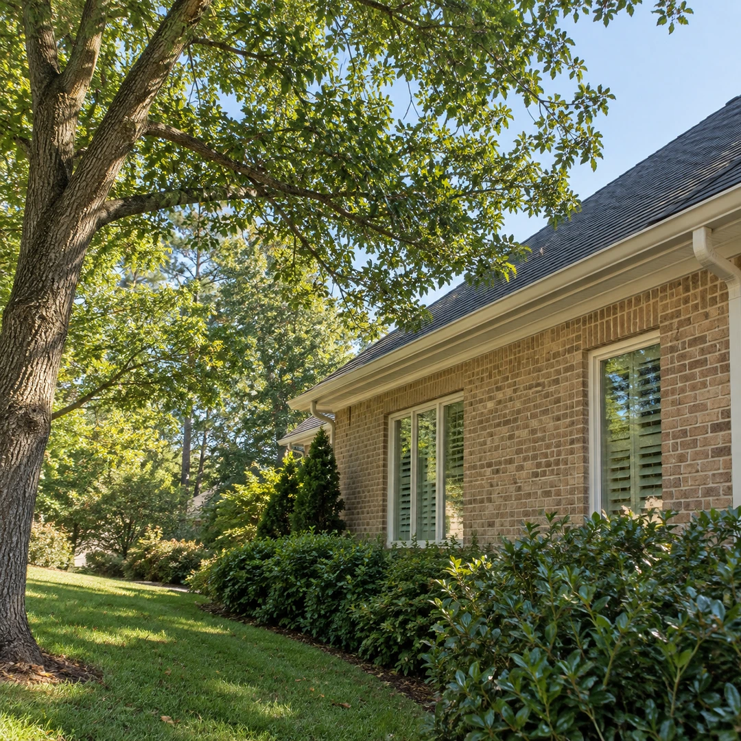 Healthy branches near a residential roofline and foundation planting