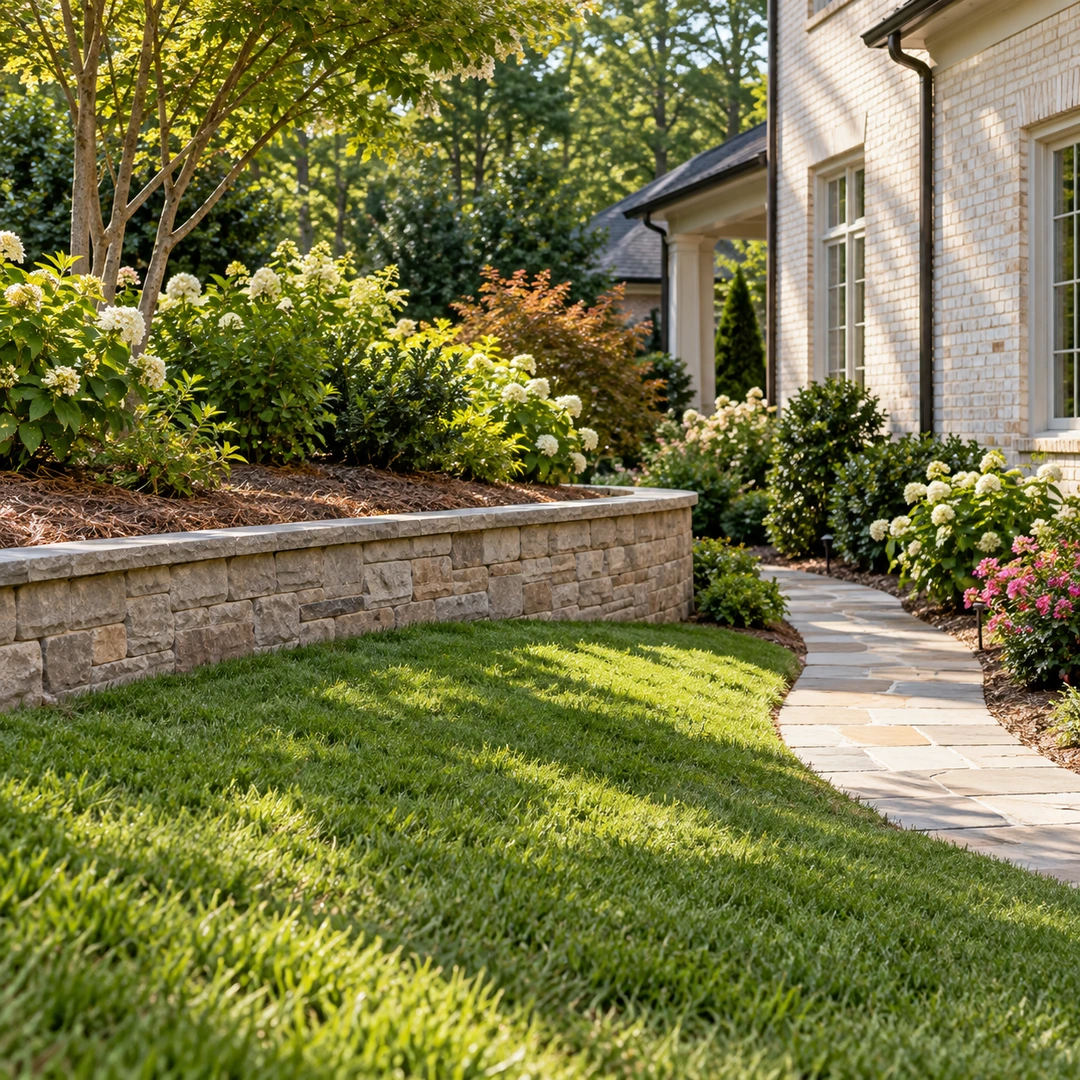 Low landscape retaining wall beside residential garden steps
