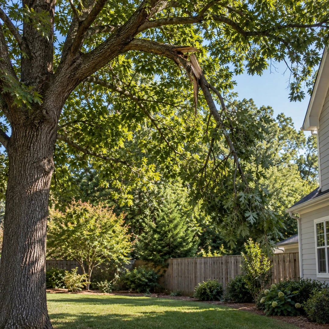 Damaged branch hanging above a residential garden and fence