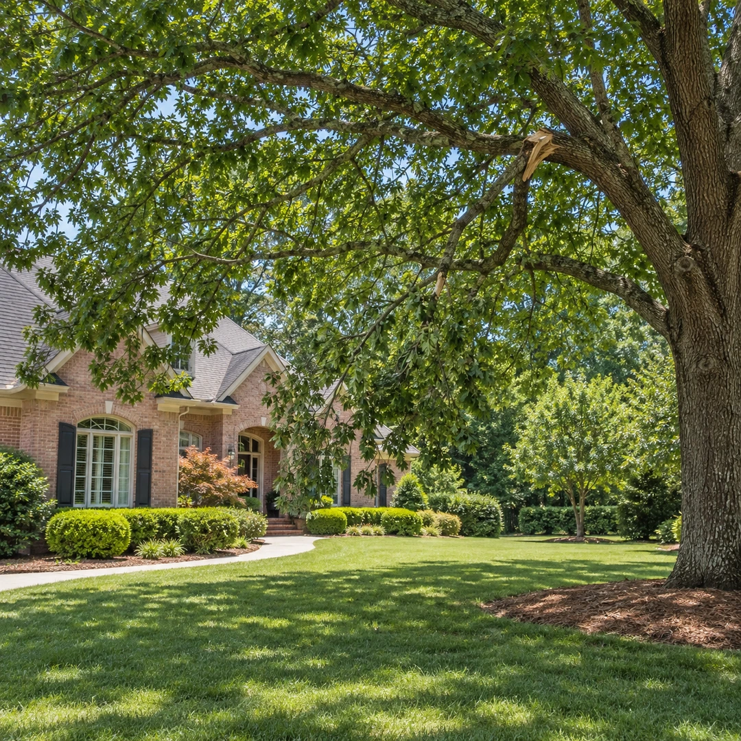 Broken leafy branch suspended above an open residential lawn