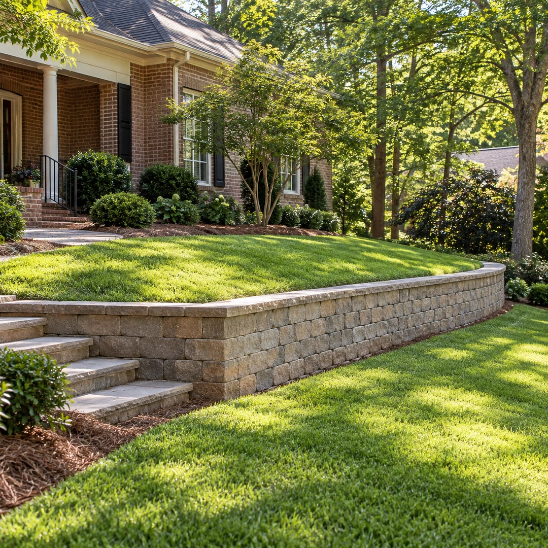 Retaining wall and stone steps supporting a raised residential lawn