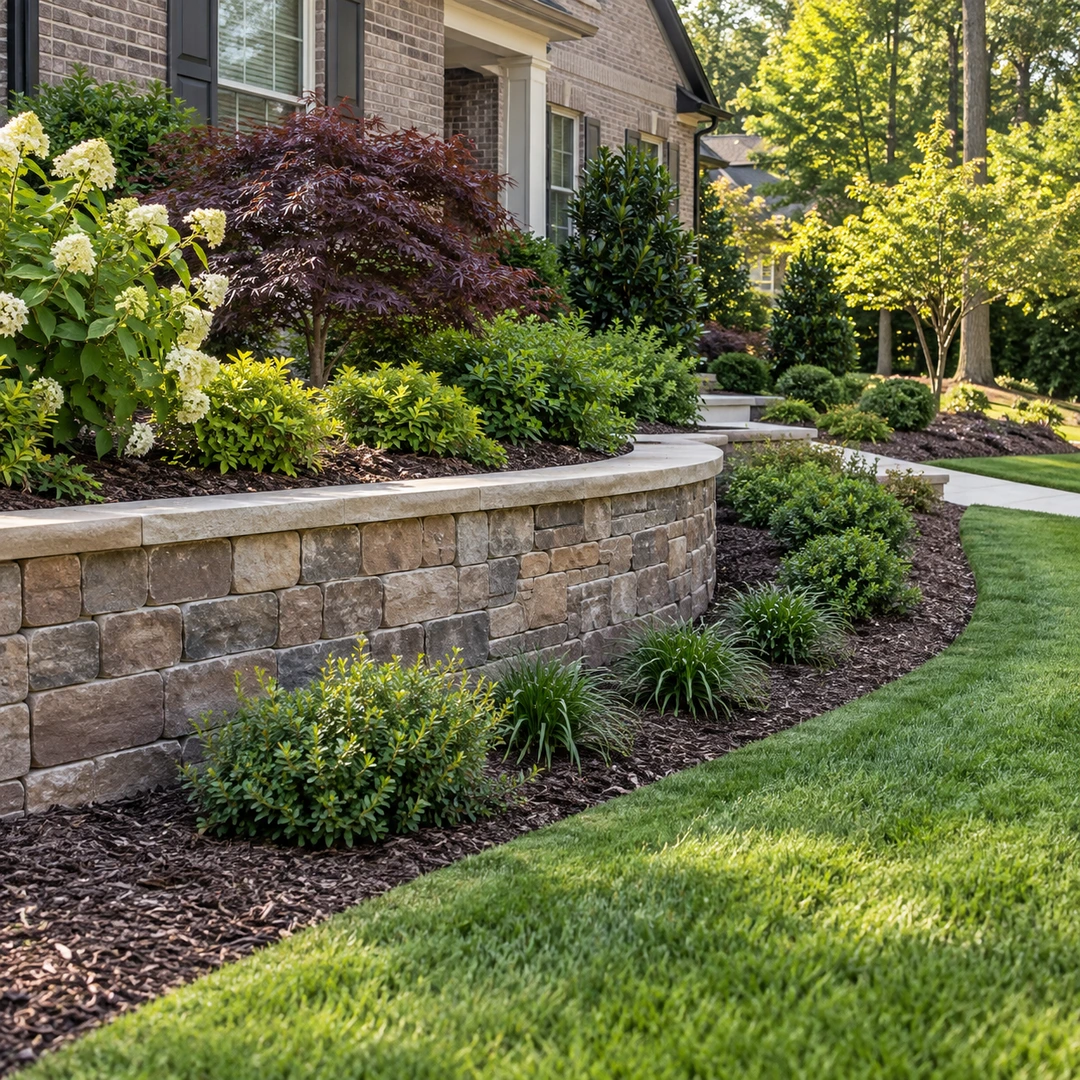 Landscape retaining wall around a planted bed beside a brick home