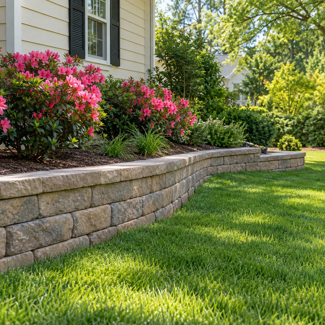 Curved retaining wall supporting an azalea bed beside a residential lawn