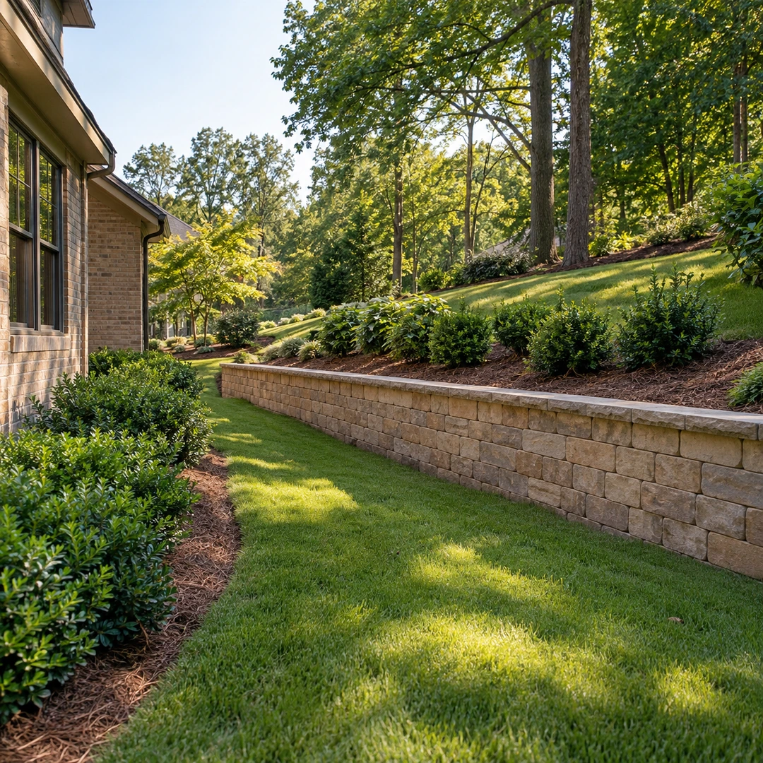 Low retaining wall along a gently sloping residential side yard