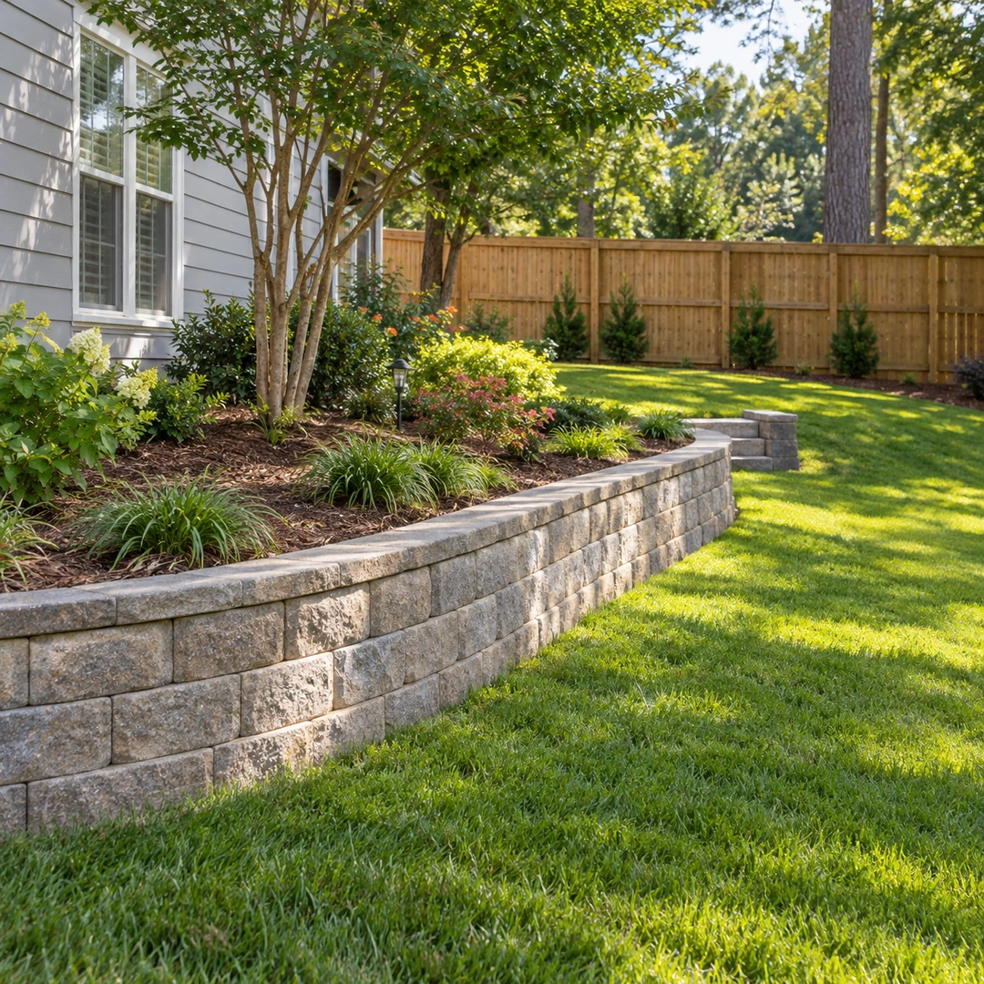 Low retaining wall defining a residential side yard garden bed
